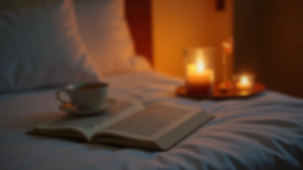 Evening wind-down scene with candles and herbal tea on bedside table