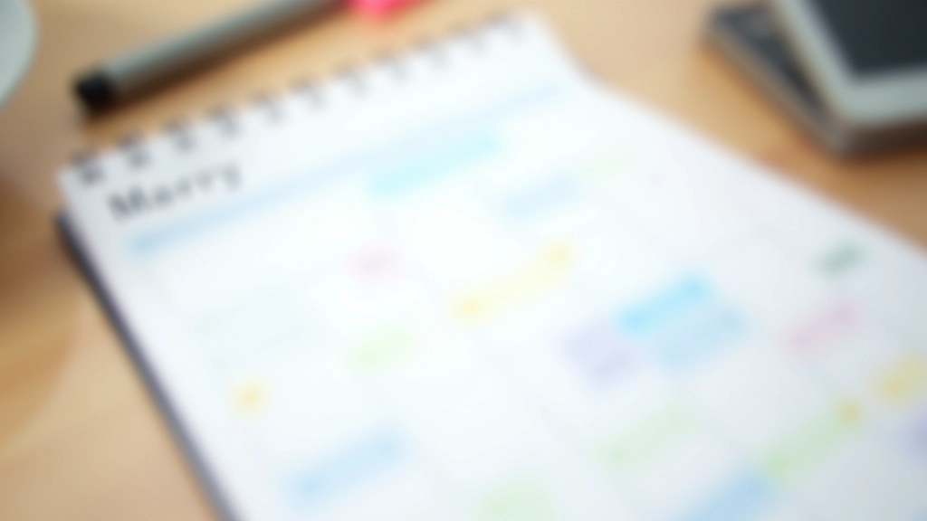 Calendar page with colored blocking and weekly schedule layout on wooden desk