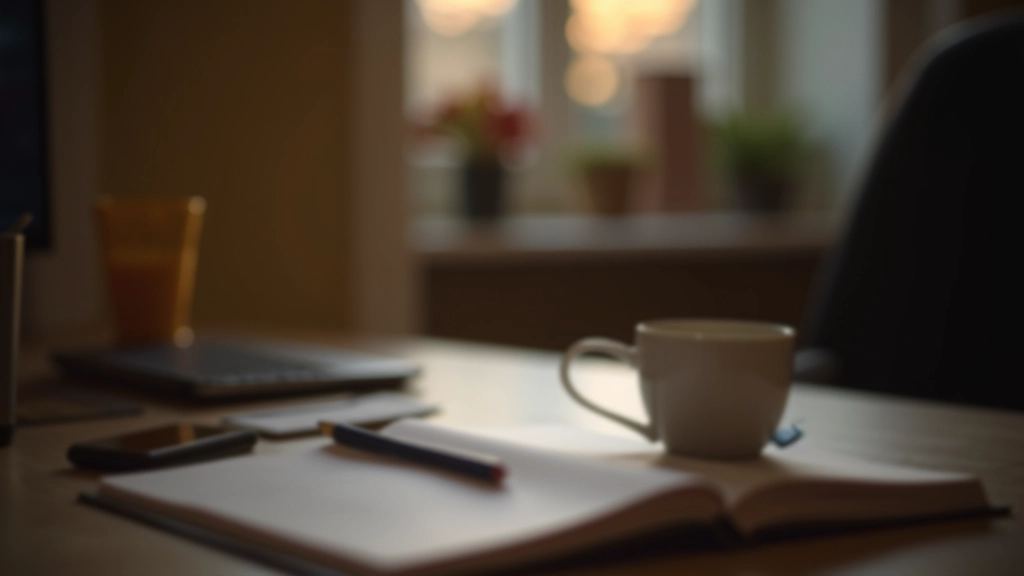 Evening workspace with notebook, pen, and herbal tea on desk with soft lighting