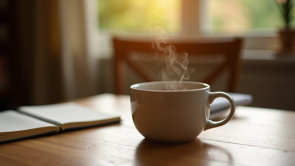 Warm herbal tea in ceramic mug on wooden table with soft natural lighting and notebook nearby