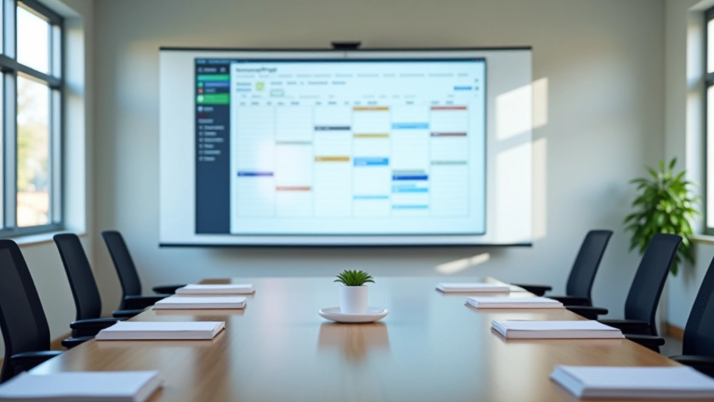Team meeting with calendar and scheduling tool visible on conference room screen