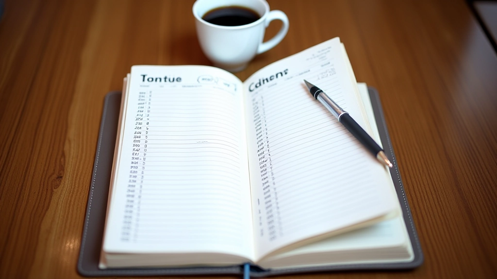 Notebook with daily schedule written out on wooden desk next to coffee