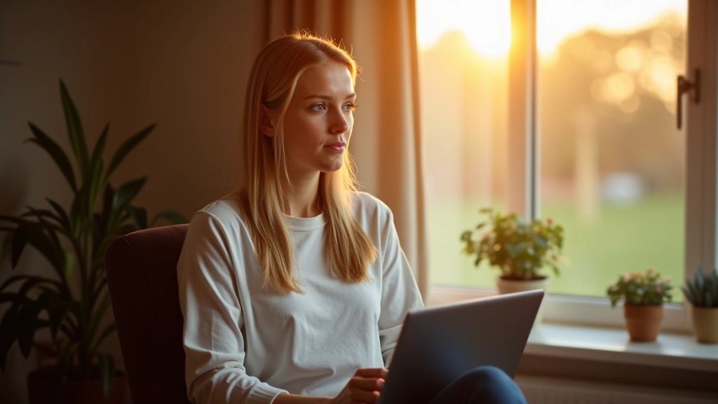 Person sitting comfortably in relaxed position by window during golden hour, warm natural lighting, peaceful home environment