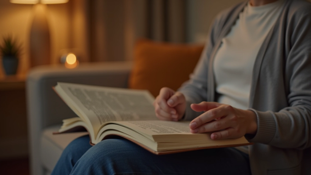Person relaxing at home in evening with book and warm lighting