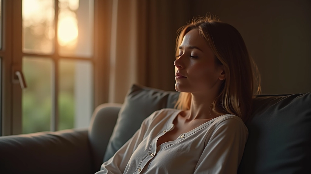 Person relaxing at home in evening, sitting peacefully with cup of tea by window
