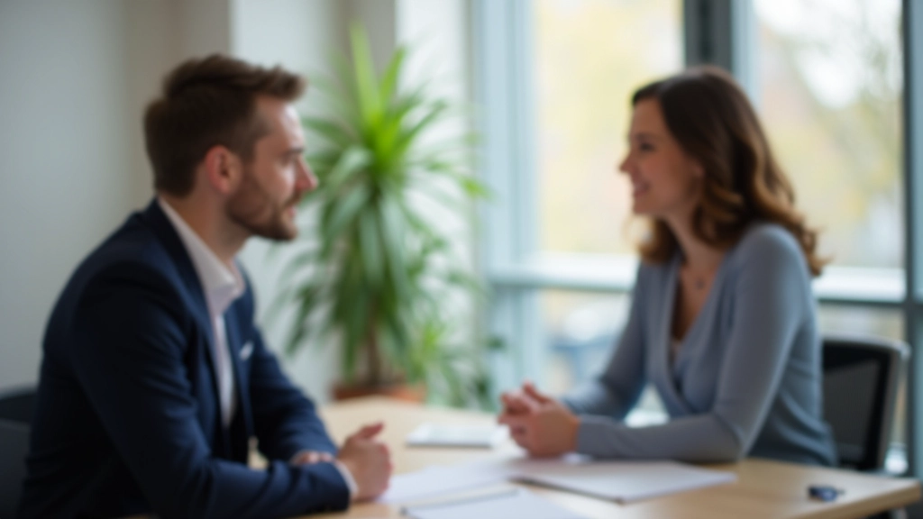 Two colleagues having conversation across desk with coffee cups and notebooks visible