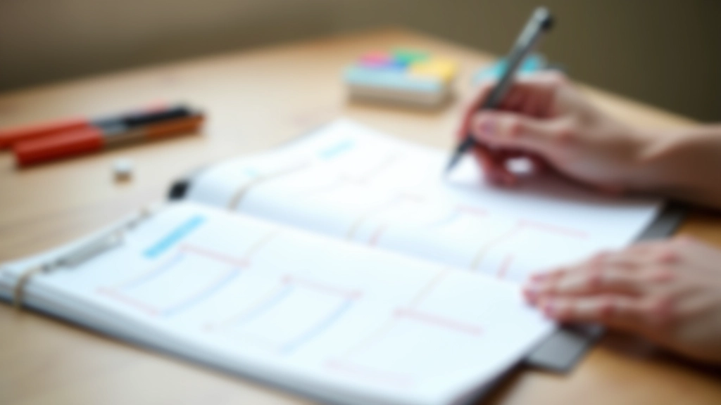 Weekly planner spread showing protected time blocks marked in calming colors, professional workspace setting